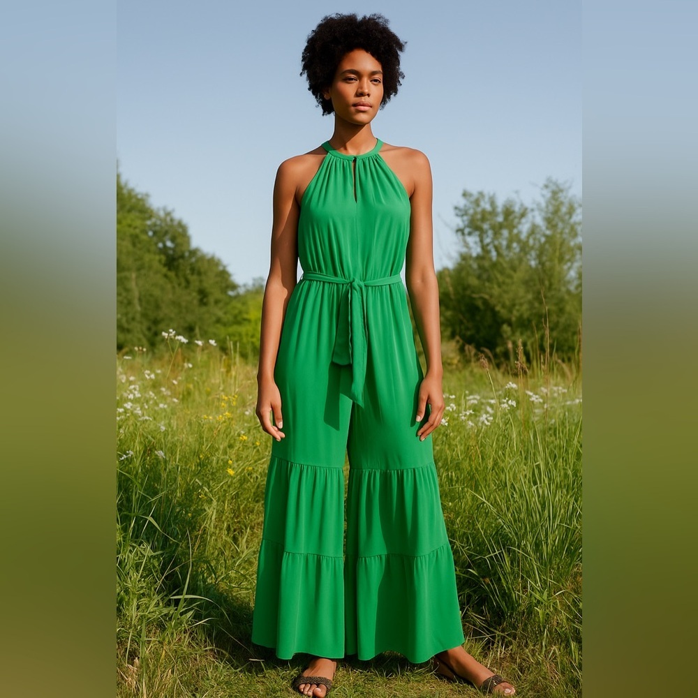 Anthropologie Greylin Green Halter Tiered Wide-Leg Jumpsuit XS NWT